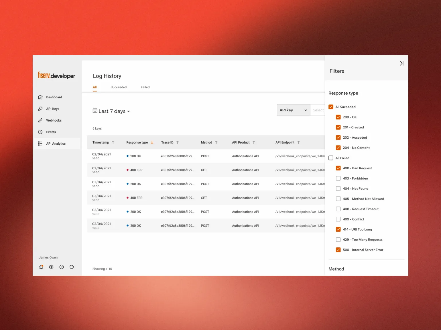Developer Portal, API log history & filters